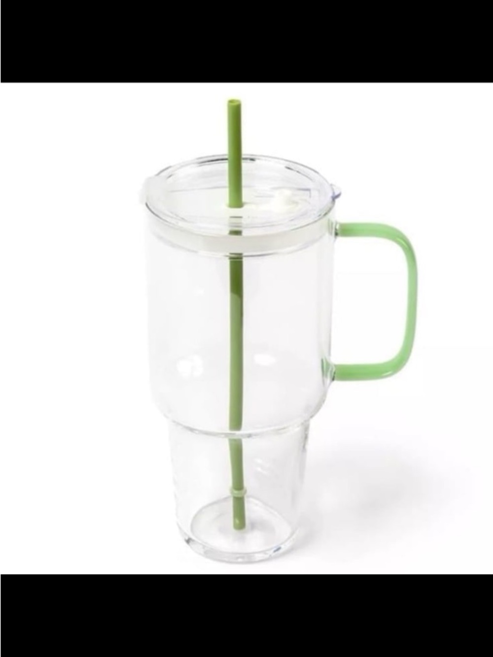 Clear Double Tumbler Mug with Green Handle & Straw